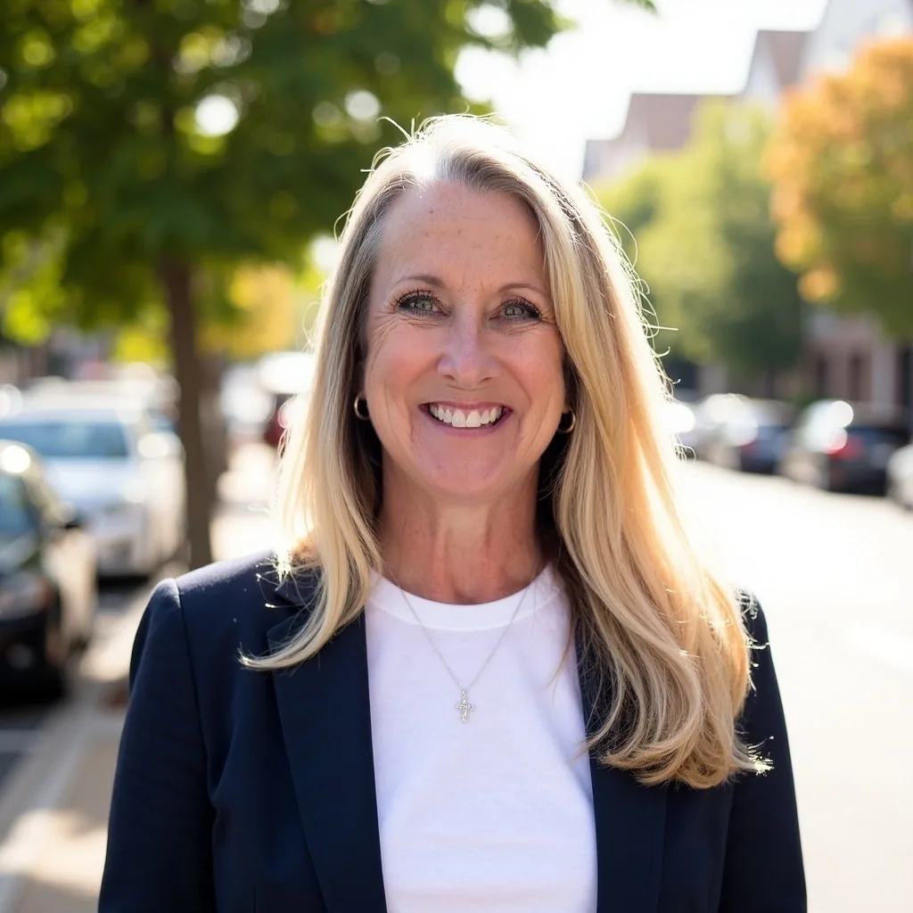 Portrait of Peggy Land, the notary behind Integrity Mobile Notary, smiling on a tree-lined Orange County street